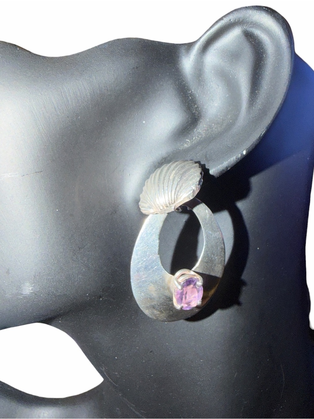1987 Carol Felley Sterling Silver Seashell and amethyst Hoop Earrings